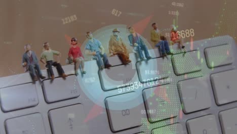 Animation-of-data-processing-over-a-row-of-plastic-people-figurines-sitting-on-computer-keyboard