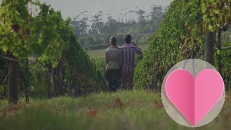 Animation-of-pink-paper-heart-over-rear-view-of-couple-standing-in-countryside-vineyard