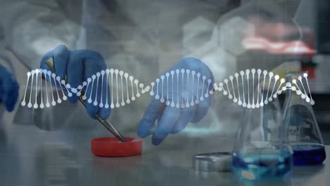 Animation-Von-DNA-Strängen-über-Einer-Kaukasischen-Wissenschaftlerin