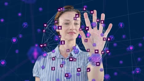 Animation-of-networks-of-connection-with-icons-over-caucasian-businesswoman-touching-screen