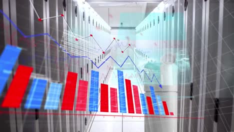 Animation-Roter-Und-Blauer-Diagramme-Und-Datenverarbeitung-über-Server-Im-Computerserverraum