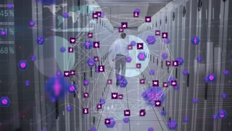 Animation-of-global-network-of-icons-and-data-processing-over-man-walking-in-server-room