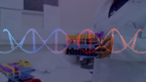 Animation-of-dna-strand-over-biracial-female-scientist-in-lab