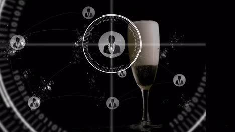 Animation-of-scanner-over-network-of-people-icons-and-champagne-glass-on-black-background