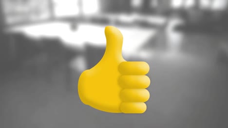 Animation-of-yellow-thumbs-up-like-symbol-over-empty-office