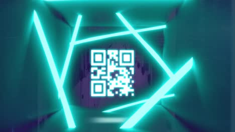 Animation-of-glowing-neon-and-qr-code-flickering-over-computer-servers