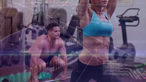 Animation-of-statistics-and-data-processing-over-fit-caucasian-man-and-woman-exercising-with-weights