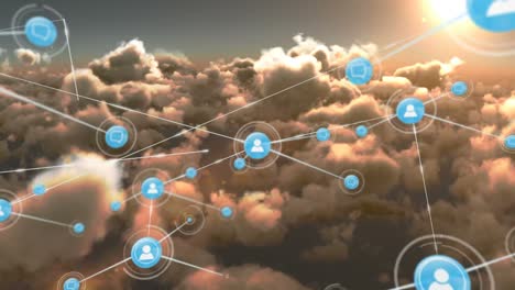 Animation-of-network-of-connections-with-icons-over-clouds-in-sky