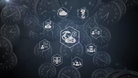 Animation-of-network-of-medical-icons-and-clocks