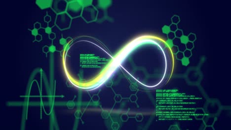 Animation-of-infinity-over-data-and-chemical-formulas-on-navy-background