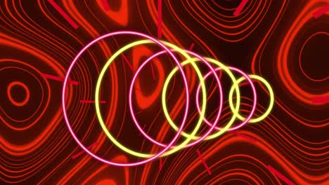 Animation-of-neon-circles-over-red-wavy-background