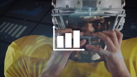 Animation-of-statistical-data-processing-over-african-american-male-rugby-player-wearing-helmet