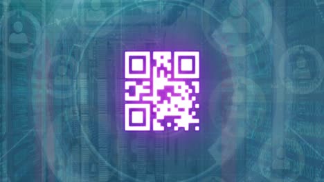 Animation-of-qr-code-and-scanner-processing-data-over-network-of-people-icons