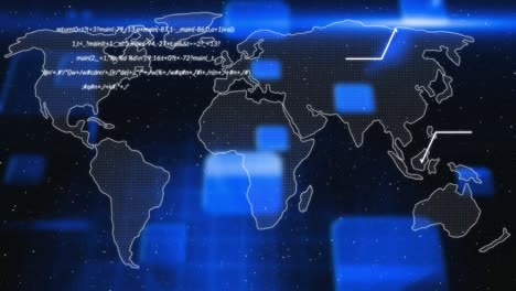 Animation-of-data-processing-and-world-map-over-blue-screens