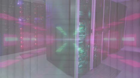 Animation-of-flashing-green-and-pink-neon-lights-over-computer-server-room