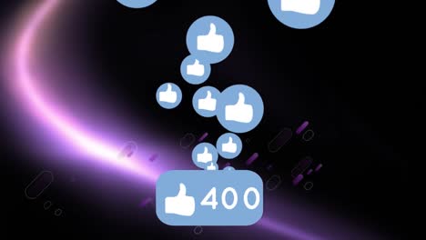 Animation-of-social-media-icons-and-numbers-over-glowing-purple-light-trail