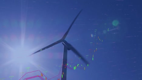 Animation-of-graph-and-data-processing-over-wind-turbine-against-blue-sky