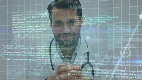 Animation-of-network-of-connections-and-data-processing-over-caucasian-male-doctor-at-hospital
