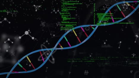 Animation-of-dna-and-molecular-structures-over-data-processing-against-black-background