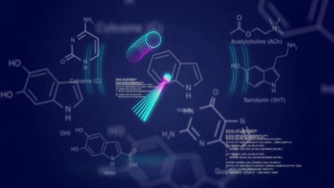 Animation-of-neon-circles-over-data-and-chemical-formulas-on-digital-screen