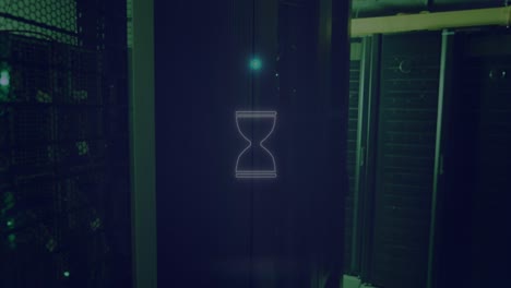 Animation-of-neon-circle-with-hourglass-over-servers