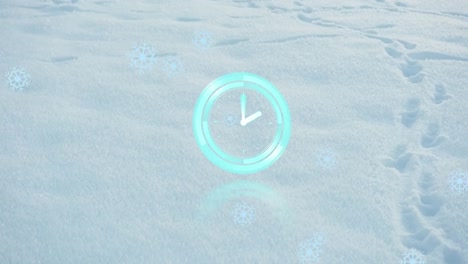 Animation-of-circular-scanner-with-clock-hands-and-snowflakes-over-snow-covered-land-with-footprints