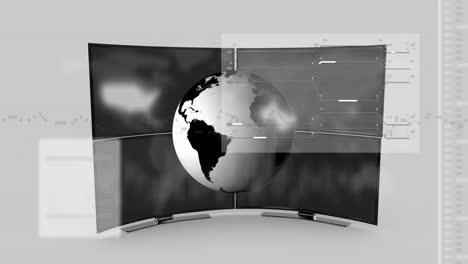 Animation-Eines-Fernsehers-Mit-Globus-Und-Daten-Auf-Grauem-Hintergrund