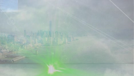 Animation-of-network-of-connections-and-green-spot-of-light-against-aerial-view-of-cityscape