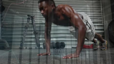 Animation-of-statistics-and-data-processing-over-fit-african-american-man-exercising-doing-push-ups