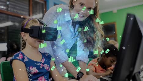 Animation-of-network-of-connections-with-icons-over-caucasian-schoolgirl-using-vr-headset
