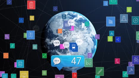 Animation-of-colourful-social-media-icons-and-notifications-floating-over-globe-in-night-sky