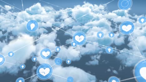 Animation-of-network-of-health-and-idea-icons-exchanging-data-over-blue-cloudy-sky