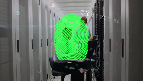 Animation-of-fingerprint-scanner-over-diverse-male-and-female-engineers-working-in-server-room