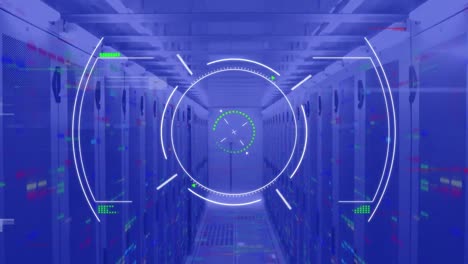 Animation-of-blue-interface-with-circular-scanner-processing-data-over-computer-server-room