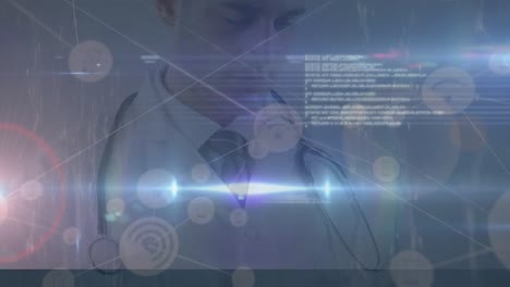 Animation-of-data-processing,-lights-and-connections-over-happy-caucasian-male-doctor-with-tablet