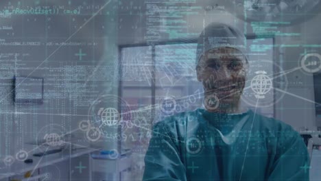 Animation-of-globe,-connections-and-data-processing-over-caucasian-male-surgeon-smiling