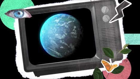Animation-of-vintage-tv-and-globe,-eye,-plant-and-flash-on-black-background
