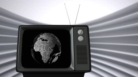 Animación-De-Televisión-Vintage-Y-Globo-Terráqueo-Sobre-Fondo-Gris