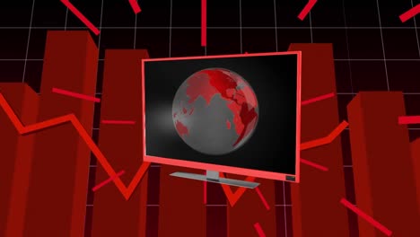 Animation-of-tv-with-globe-on-screen-over-graphs