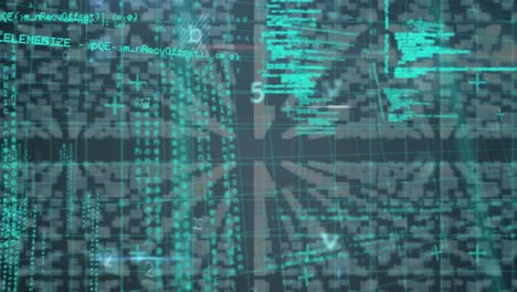 Animation-Der-Cybersicherheitsdatenverarbeitung-über-Dem-Sicherheitsvorhängeschloss-Symbol-Vor-Blauem-Hintergrund