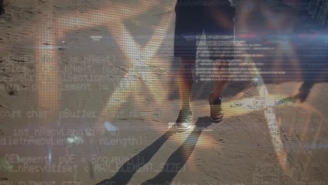Animation-Des-Bildschirms-Mit-Wissenschaftlichen-Daten-Und-DNA-über-Den-Beinen-Eines-Kaukasischen-Mannes-Beim-Laufen