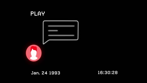Animation-of-playback-screen-with-interference,-person-icon-and-speech-bubble-on-black-background