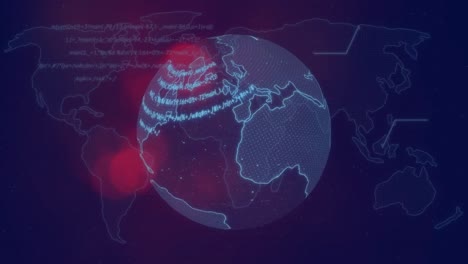 Animation-of-red-particles-over-data-processing-over-spinning-globe-and-world-map-on-blue-background