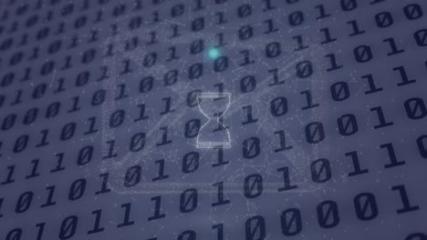 Animation-of-neon-circle-with-hourglass-over-binary-code-on-digital-screen