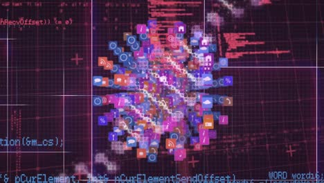 Animation-Der-Datenverarbeitung-über-Der-Welt-Digitaler-Symbole-Und-DNA-Struktur-Auf-Rosa-Hintergrund