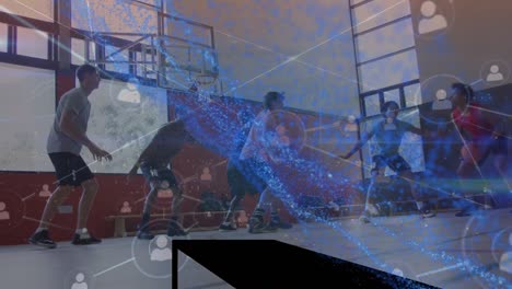 Animation-Von-Netzwerksymbolen-Und-Daten-über-Das-Training-Verschiedener-Männlicher-Basketballmannschaften-In-Innenräumen