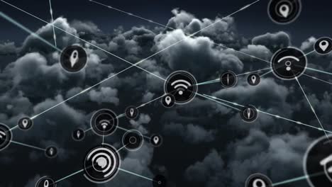 Animation-of-network-of-connections-over-clouds-in-sky