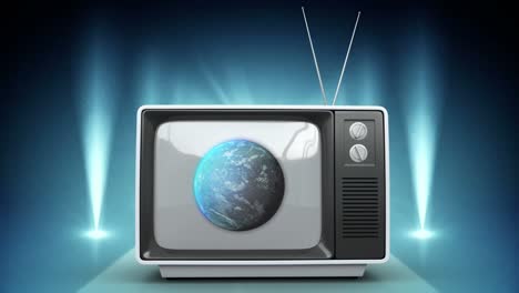 Animation-of-vintage-tv-and-globe-on-blue-background-with-scenic-lights
