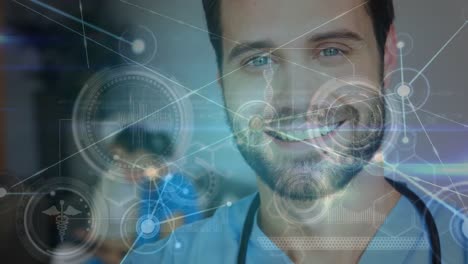 Animation-of-network-of-connections-over-caucasian-male-health-worker-smiling-at-hospital
