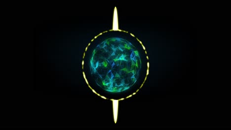 Animation-of-neon-circle-with-globe-over-black-background